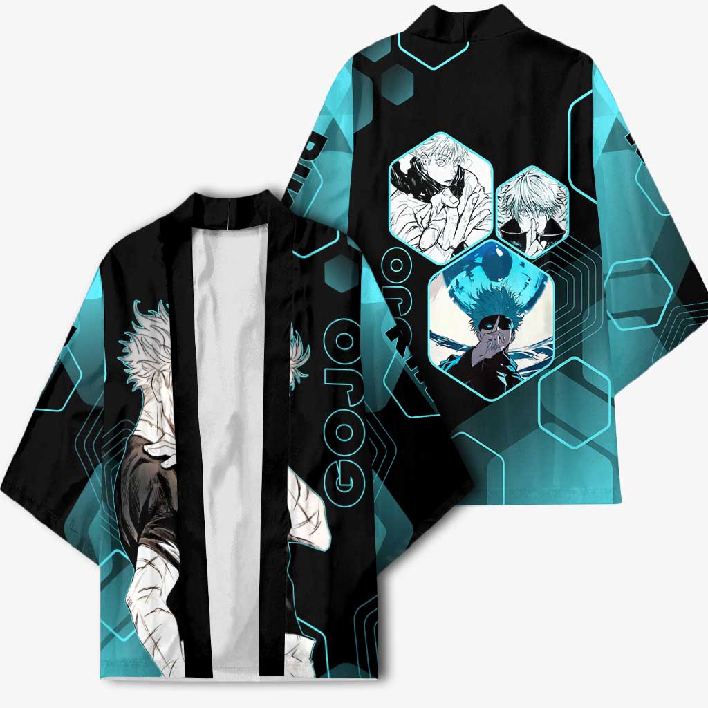 Gojo Satoru Jujutsu Kaisen Blue Hexagon Pattern Kimono with Intense Expressions and Modern Anime Art - The Mazicc