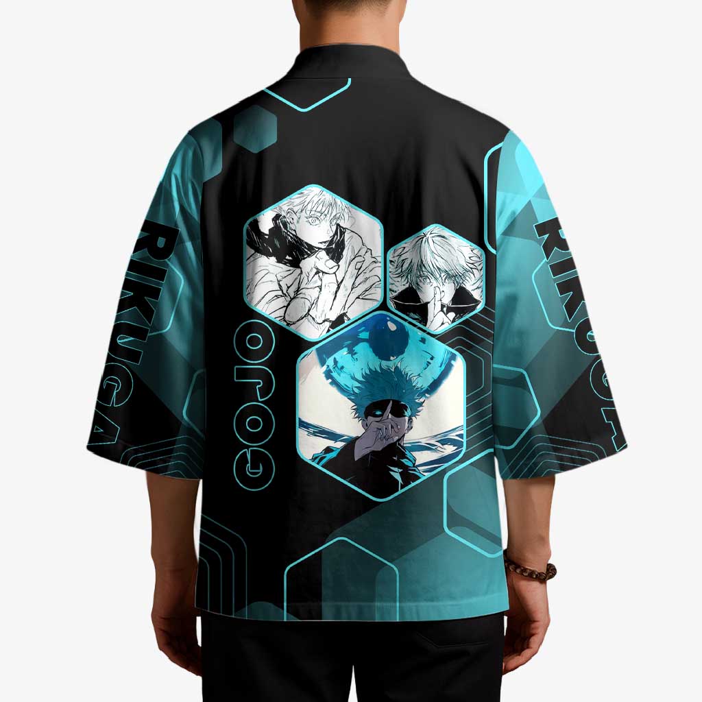 Gojo Satoru Jujutsu Kaisen Blue Hexagon Pattern Kimono with Intense Expressions and Modern Anime Art - The Mazicc