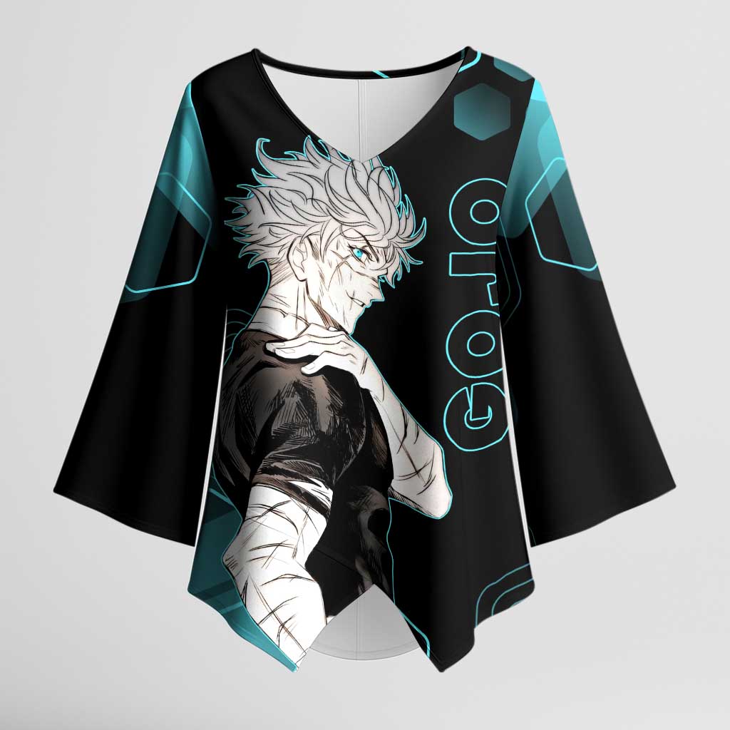 Gojo Satoru Jujutsu Kaisen Blue Hexagon Pattern Kimono Sleeve Blouse with Intense Expressions and Modern Anime Art - The Mazicc
