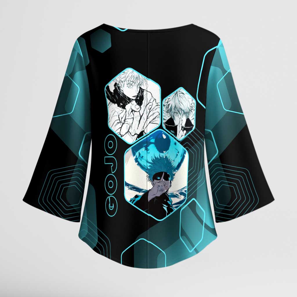 Gojo Satoru Jujutsu Kaisen Blue Hexagon Pattern Kimono Sleeve Blouse with Intense Expressions and Modern Anime Art - The Mazicc