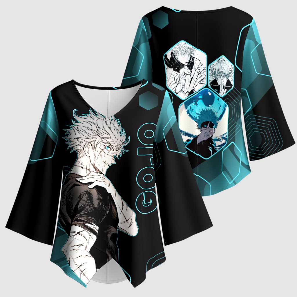 Gojo Satoru Jujutsu Kaisen Blue Hexagon Pattern Kimono Sleeve Blouse with Intense Expressions and Modern Anime Art - The Mazicc