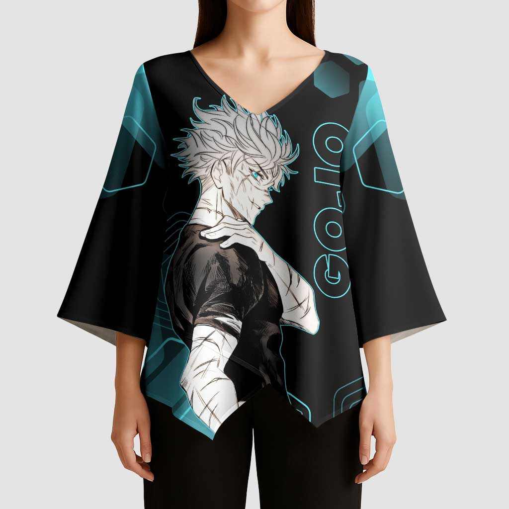 Gojo Satoru Jujutsu Kaisen Blue Hexagon Pattern Kimono Sleeve Blouse with Intense Expressions and Modern Anime Art - The Mazicc