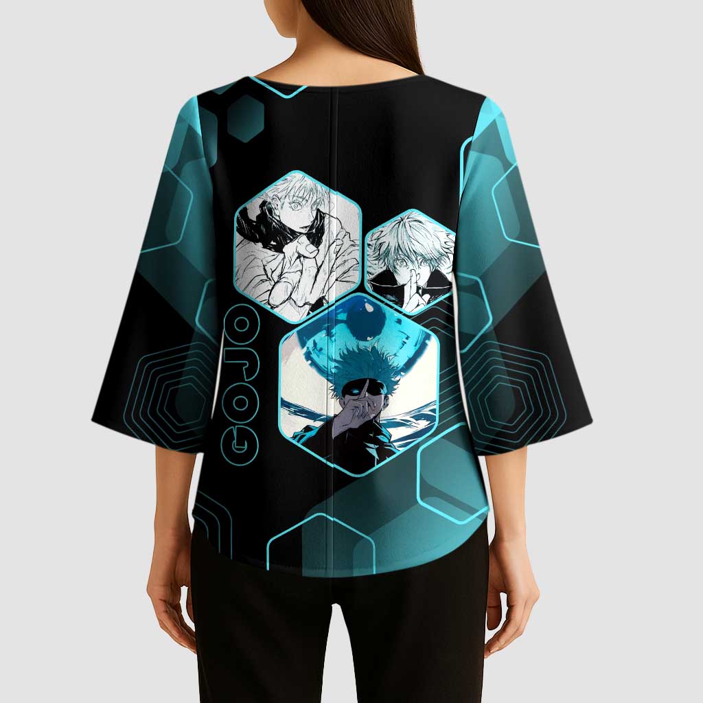 Gojo Satoru Jujutsu Kaisen Blue Hexagon Pattern Kimono Sleeve Blouse with Intense Expressions and Modern Anime Art - The Mazicc