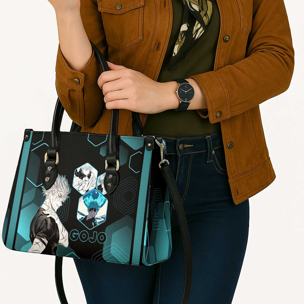 Gojo Satoru Jujutsu Kaisen Blue Hexagon Pattern Leather Bag with Intense Expressions and Modern Anime Art - The Mazicc