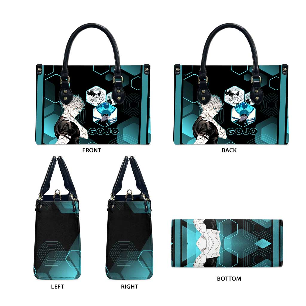 Gojo Satoru Jujutsu Kaisen Blue Hexagon Pattern Leather Bag with Intense Expressions and Modern Anime Art - The Mazicc