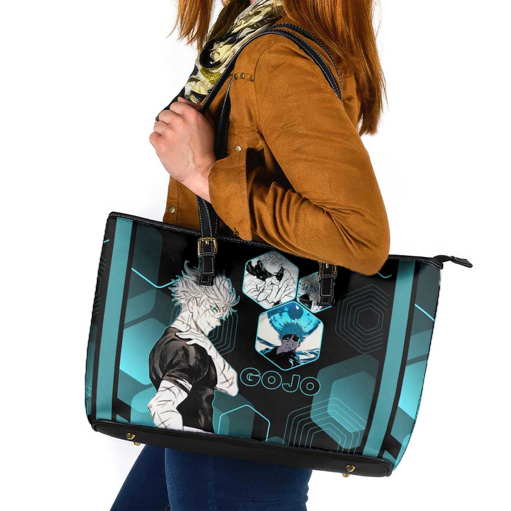 Gojo Satoru Jujutsu Kaisen Blue Hexagon Pattern Leather Tote Bag with Intense Expressions and Modern Anime Art - The Mazicc