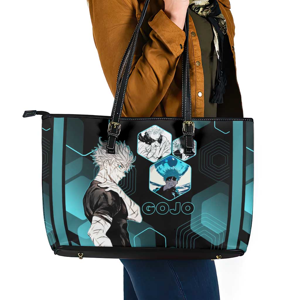 Gojo Satoru Jujutsu Kaisen Blue Hexagon Pattern Leather Tote Bag with Intense Expressions and Modern Anime Art - The Mazicc