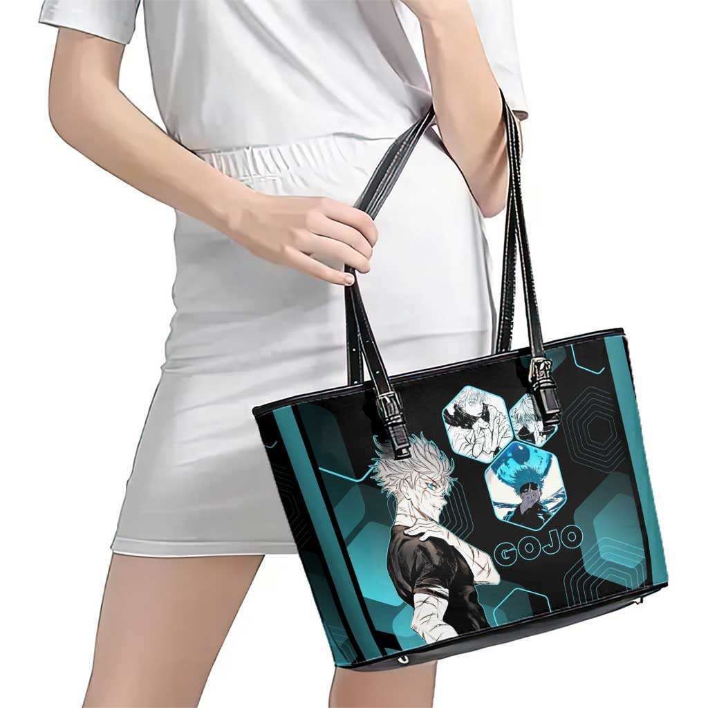Gojo Satoru Jujutsu Kaisen Blue Hexagon Pattern Leather Tote Bag with Intense Expressions and Modern Anime Art - The Mazicc
