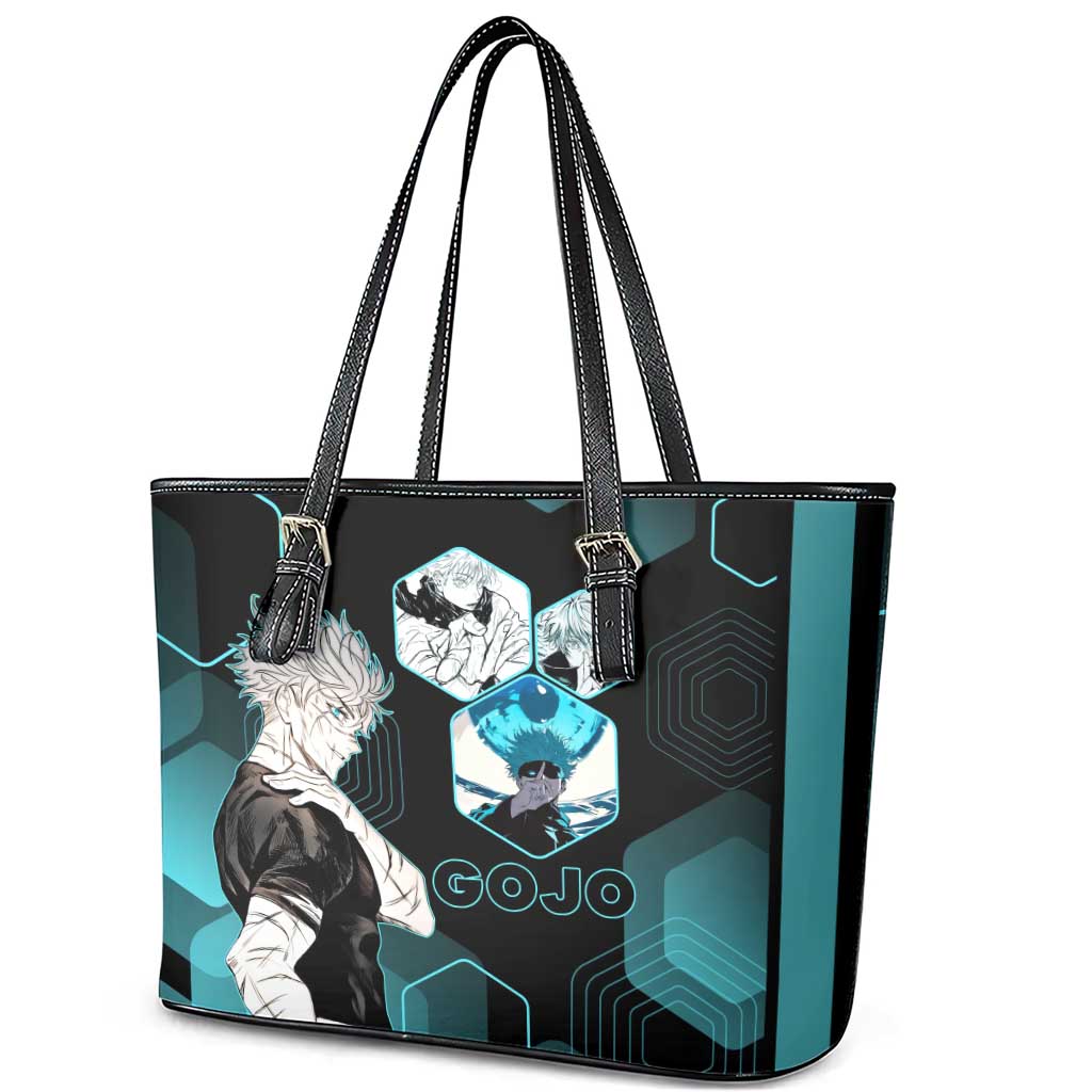 Gojo Satoru Jujutsu Kaisen Blue Hexagon Pattern Leather Tote Bag with Intense Expressions and Modern Anime Art - The Mazicc