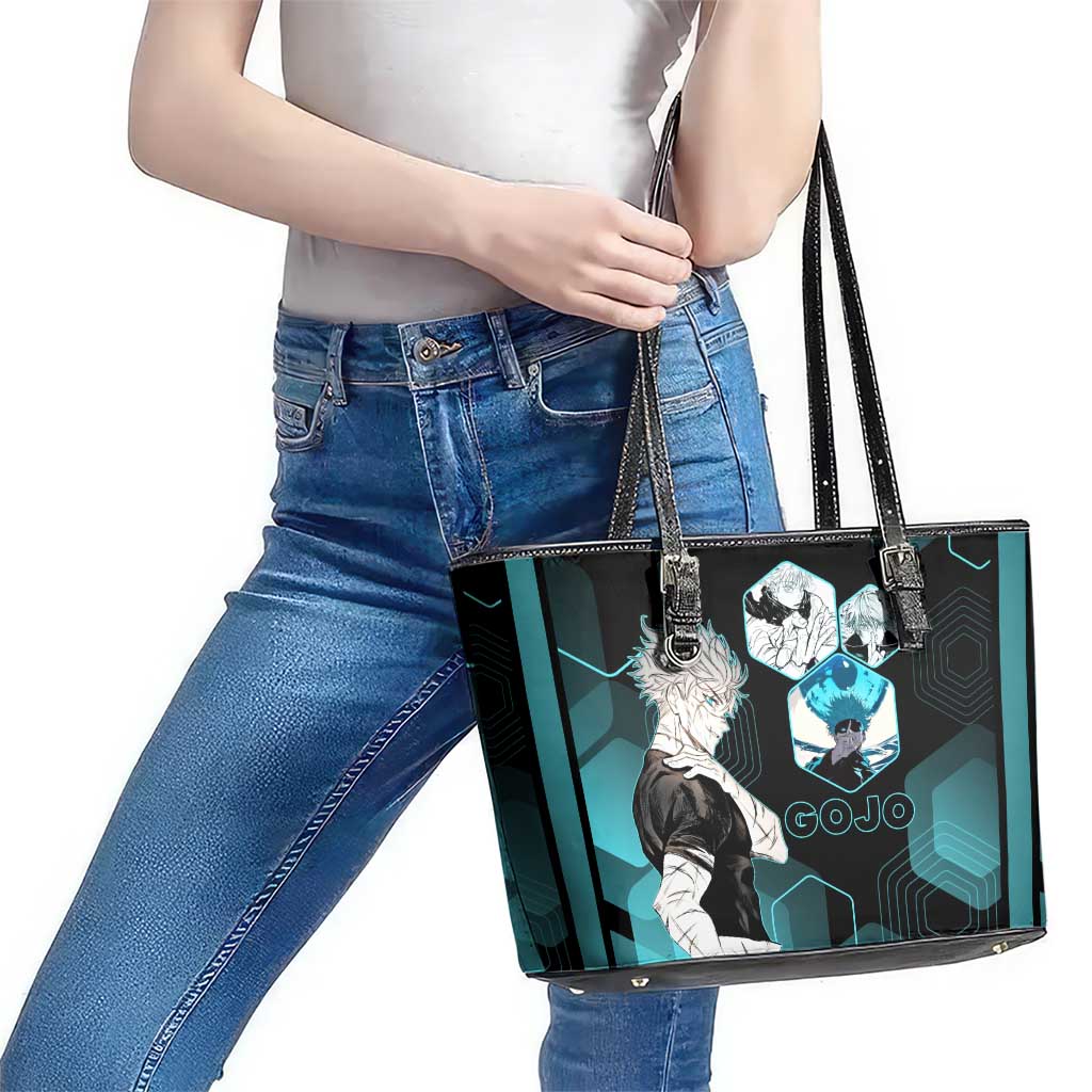 Gojo Satoru Jujutsu Kaisen Blue Hexagon Pattern Leather Tote Bag with Intense Expressions and Modern Anime Art - The Mazicc