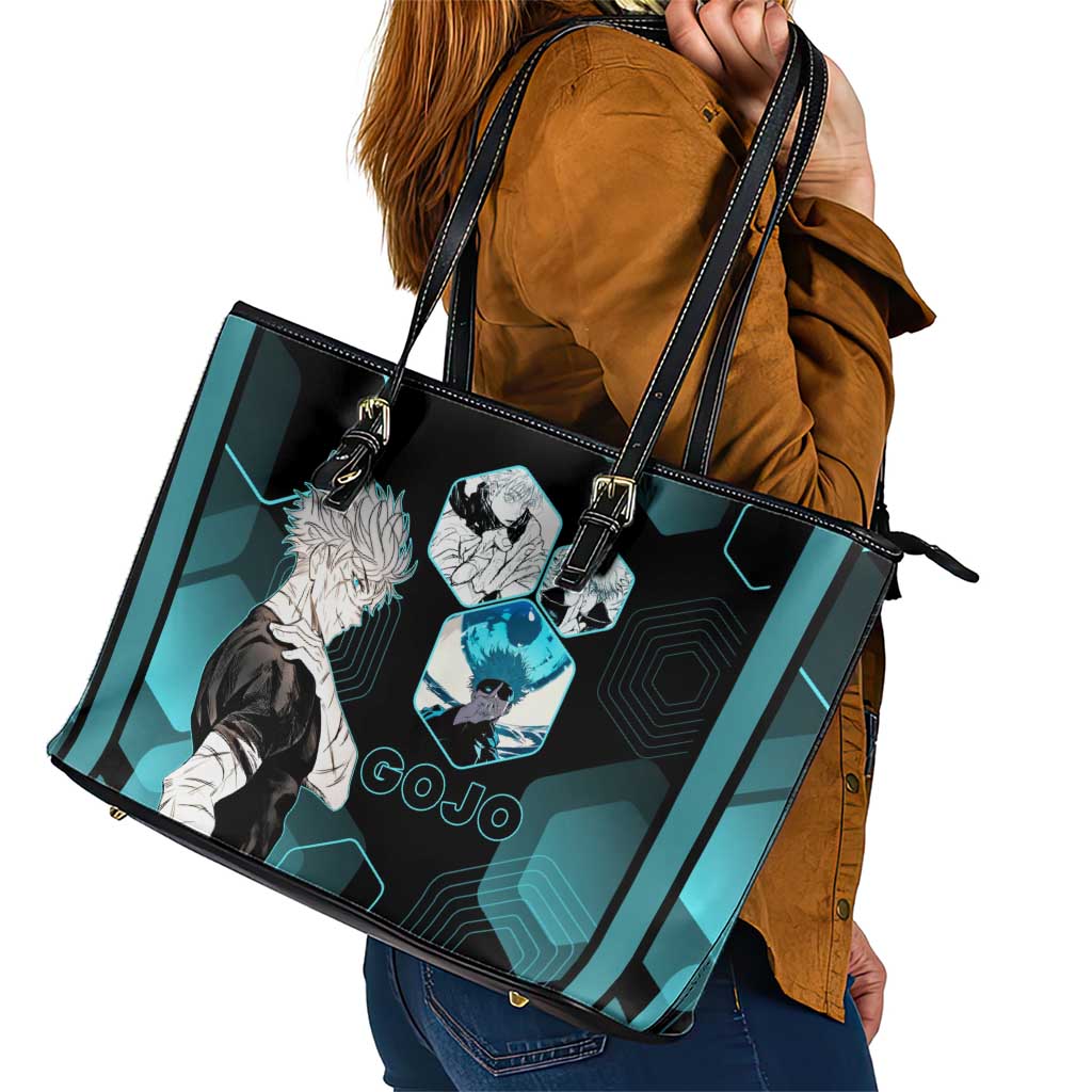 Gojo Satoru Jujutsu Kaisen Blue Hexagon Pattern Leather Tote Bag with Intense Expressions and Modern Anime Art - The Mazicc