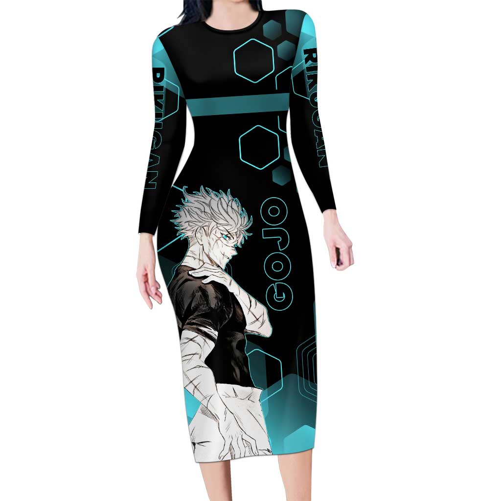 Gojo Satoru Jujutsu Kaisen Blue Hexagon Pattern Long Sleeve Bodycon Dress with Intense Expressions and Modern Anime Art - The Mazicc