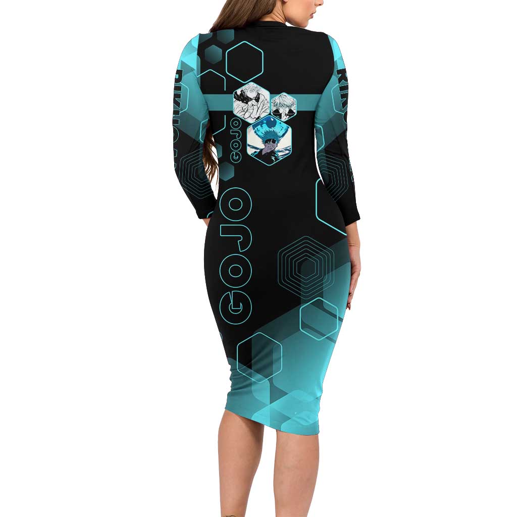 Gojo Satoru Jujutsu Kaisen Blue Hexagon Pattern Long Sleeve Bodycon Dress with Intense Expressions and Modern Anime Art - The Mazicc