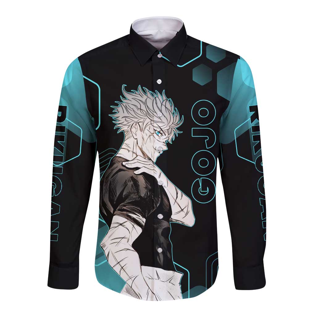 Gojo Satoru Jujutsu Kaisen Blue Hexagon Pattern Long Sleeve Button Shirt with Intense Expressions and Modern Anime Art - The Mazicc