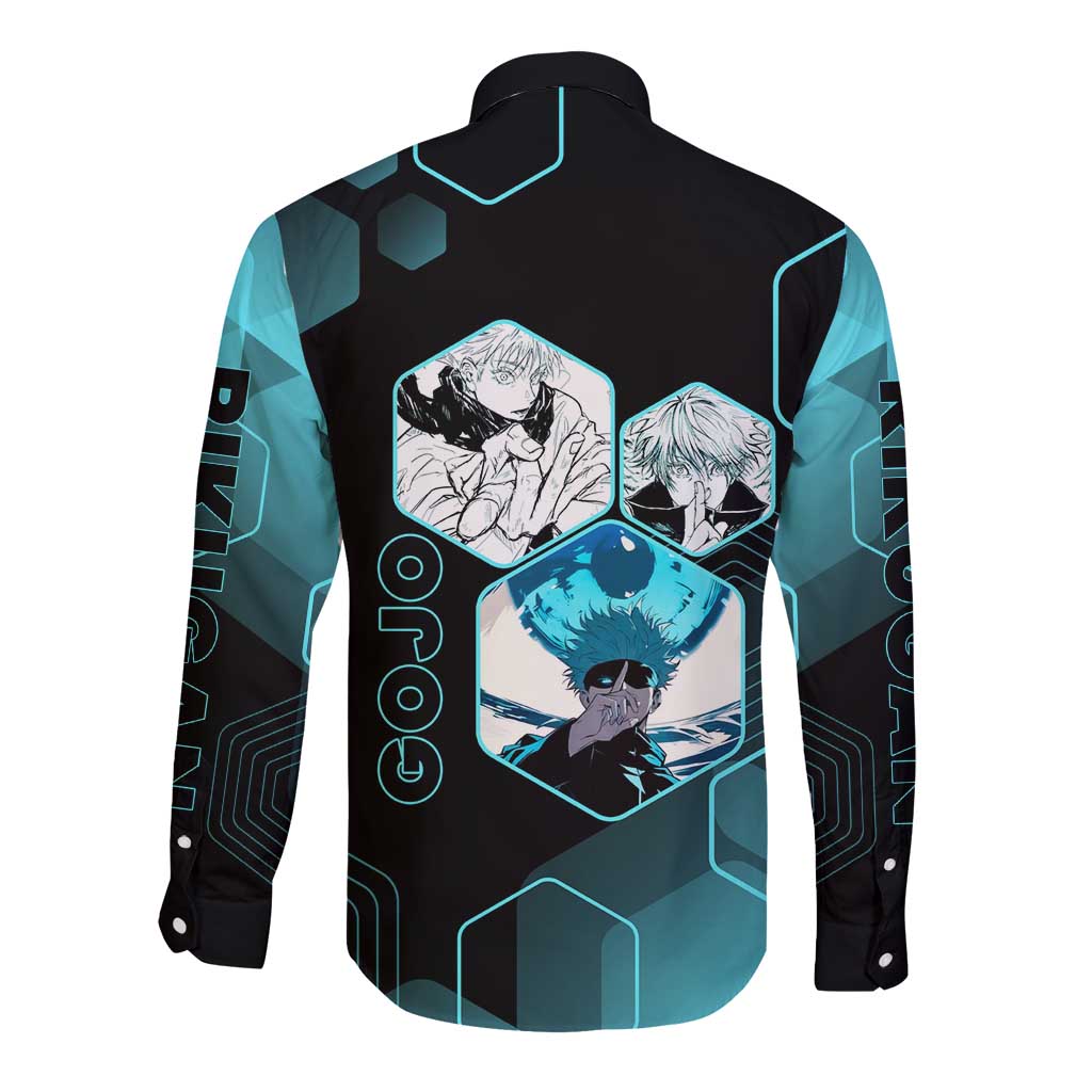 Gojo Satoru Jujutsu Kaisen Blue Hexagon Pattern Long Sleeve Button Shirt with Intense Expressions and Modern Anime Art - The Mazicc