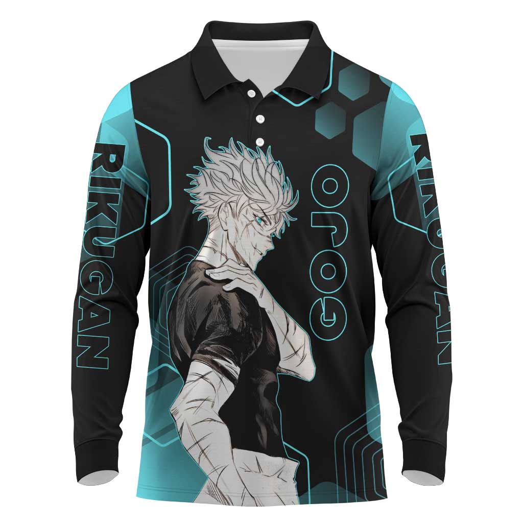 Gojo Satoru Jujutsu Kaisen Blue Hexagon Pattern Long Sleeve Polo Shirt with Intense Expressions and Modern Anime Art - The Mazicc