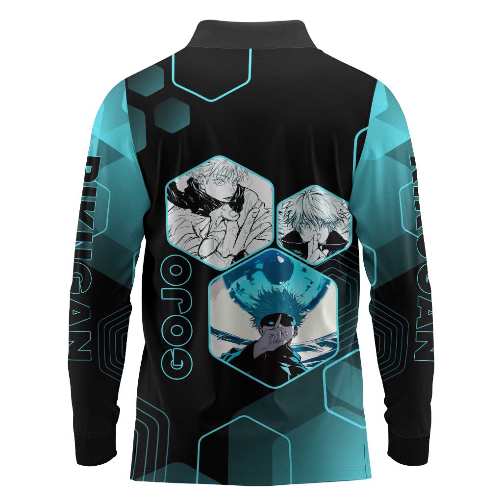 Gojo Satoru Jujutsu Kaisen Blue Hexagon Pattern Long Sleeve Polo Shirt with Intense Expressions and Modern Anime Art - The Mazicc