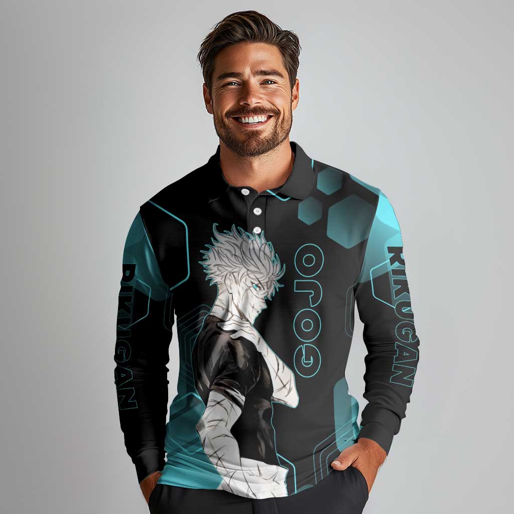 Gojo Satoru Jujutsu Kaisen Blue Hexagon Pattern Long Sleeve Polo Shirt with Intense Expressions and Modern Anime Art - The Mazicc