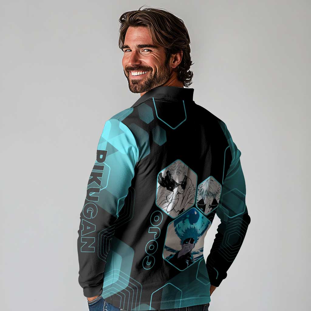 Gojo Satoru Jujutsu Kaisen Blue Hexagon Pattern Long Sleeve Polo Shirt with Intense Expressions and Modern Anime Art - The Mazicc
