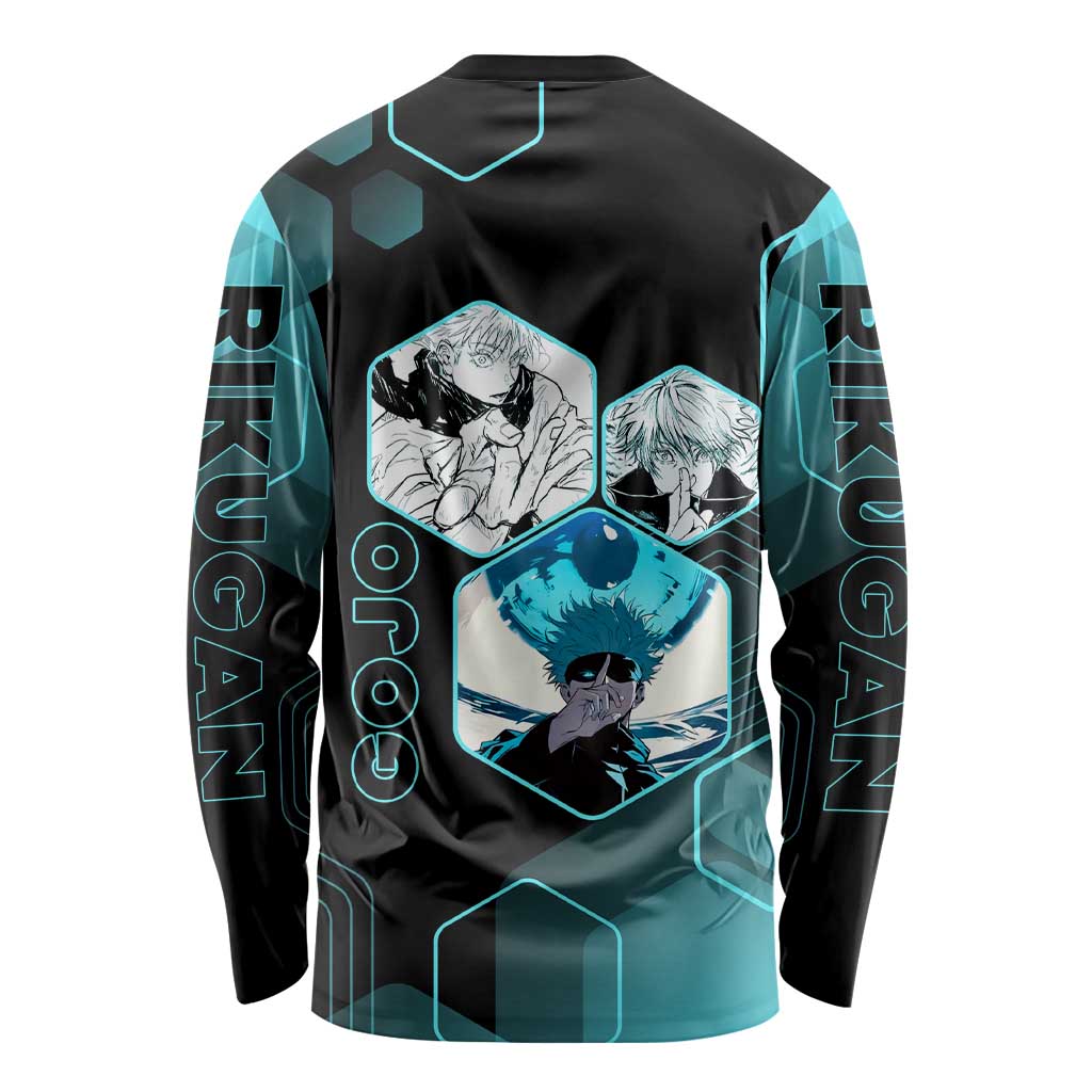Gojo Satoru Jujutsu Kaisen Blue Hexagon Pattern Long Sleeve Shirt with Intense Expressions and Modern Anime Art - The Mazicc