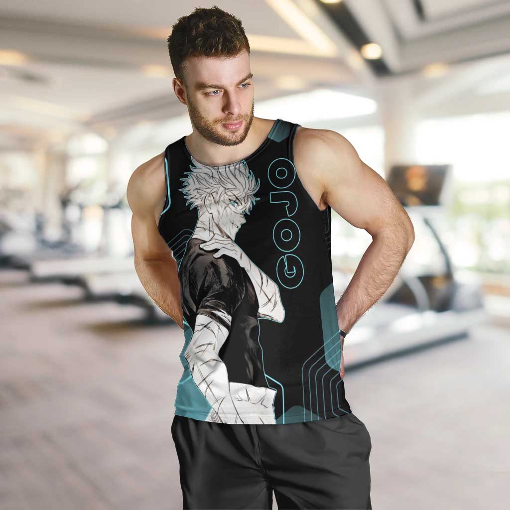 Gojo Satoru Jujutsu Kaisen Blue Hexagon Pattern Men Tank Top with Intense Expressions and Modern Anime Art - The Mazicc