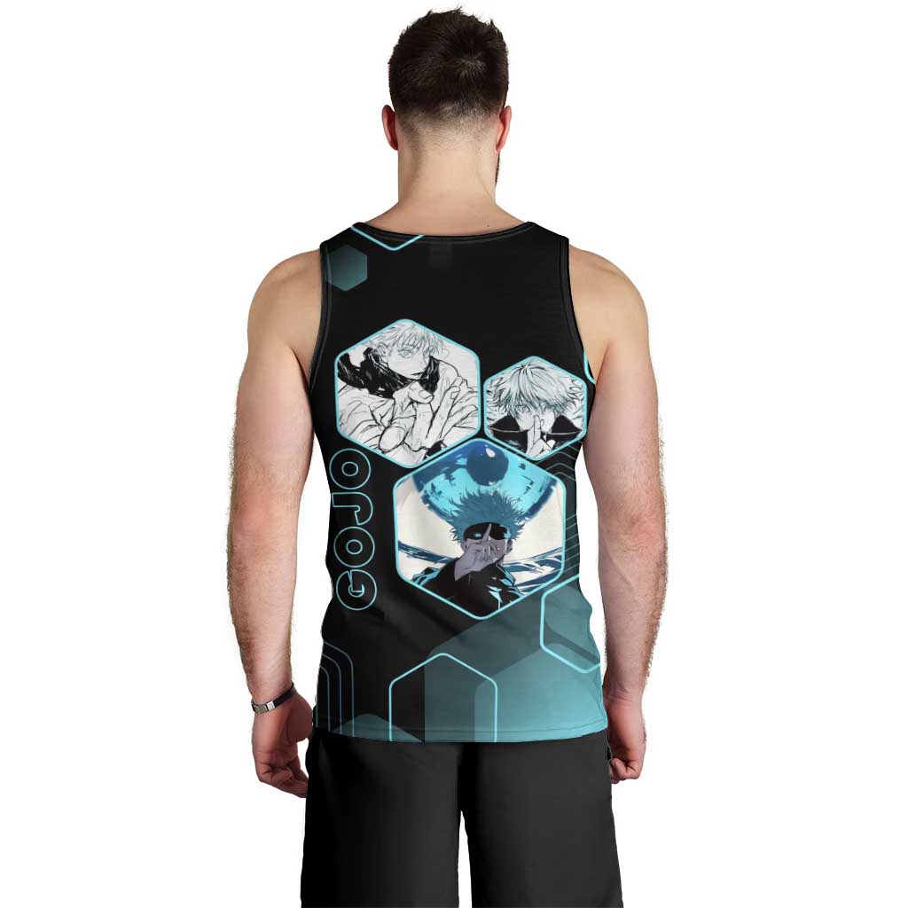 Gojo Satoru Jujutsu Kaisen Blue Hexagon Pattern Men Tank Top with Intense Expressions and Modern Anime Art - The Mazicc