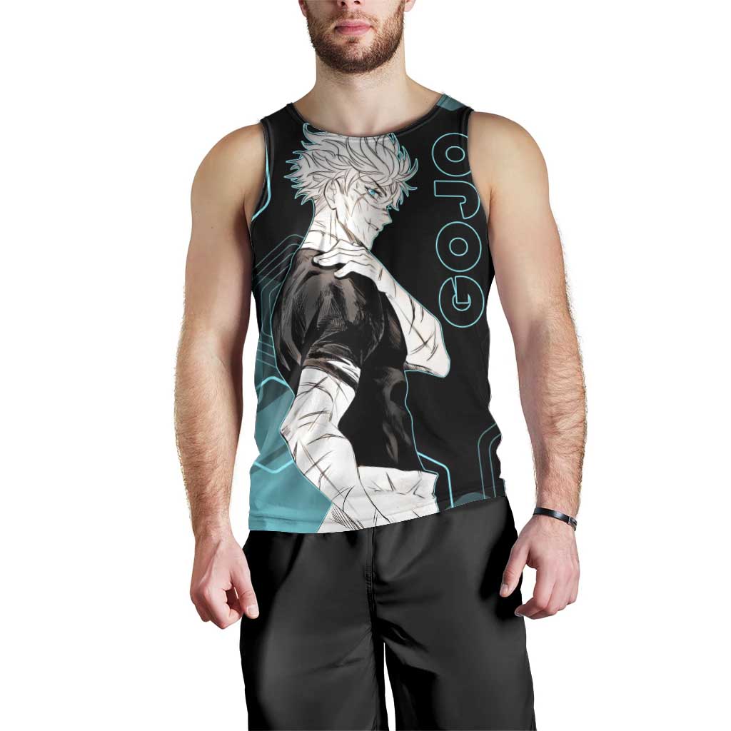 Gojo Satoru Jujutsu Kaisen Blue Hexagon Pattern Men Tank Top with Intense Expressions and Modern Anime Art - The Mazicc