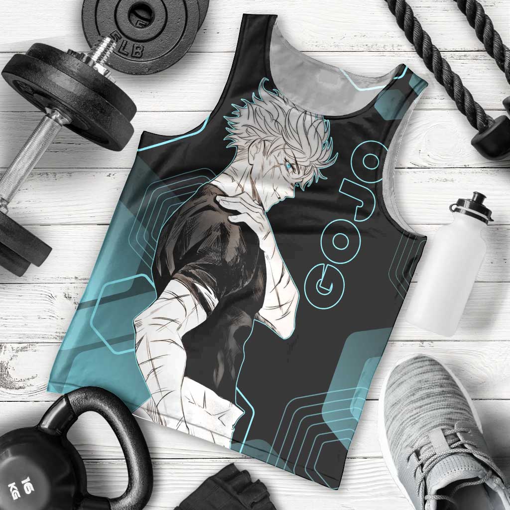 Gojo Satoru Jujutsu Kaisen Blue Hexagon Pattern Men Tank Top with Intense Expressions and Modern Anime Art - The Mazicc