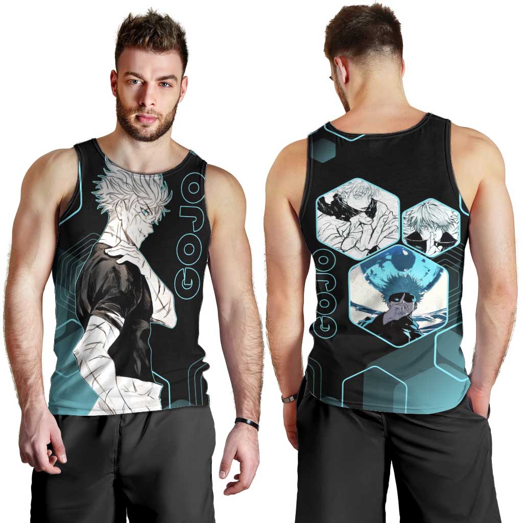 Gojo Satoru Jujutsu Kaisen Blue Hexagon Pattern Men Tank Top with Intense Expressions and Modern Anime Art - The Mazicc