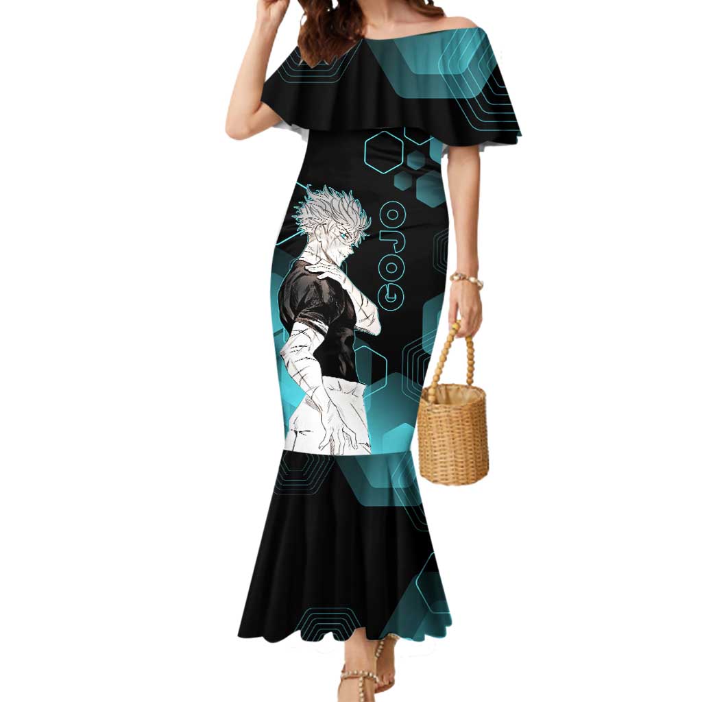 Gojo Satoru Jujutsu Kaisen Blue Hexagon Pattern Mermaid Dress with Intense Expressions and Modern Anime Art - The Mazicc
