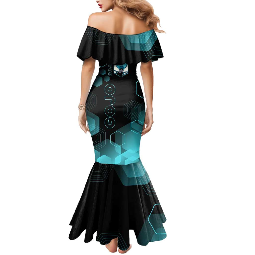 Gojo Satoru Jujutsu Kaisen Blue Hexagon Pattern Mermaid Dress with Intense Expressions and Modern Anime Art - The Mazicc