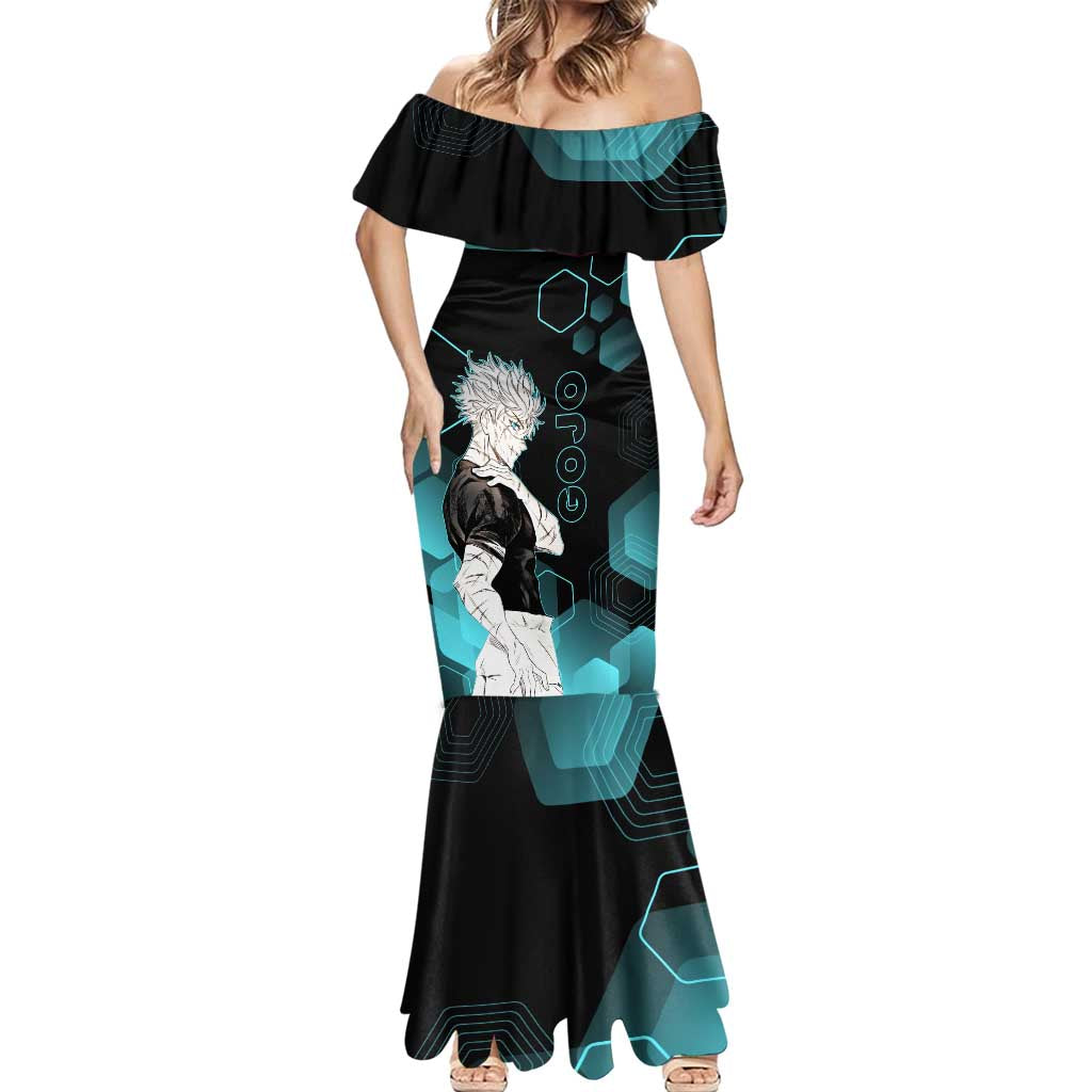 Gojo Satoru Jujutsu Kaisen Blue Hexagon Pattern Mermaid Dress with Intense Expressions and Modern Anime Art - The Mazicc