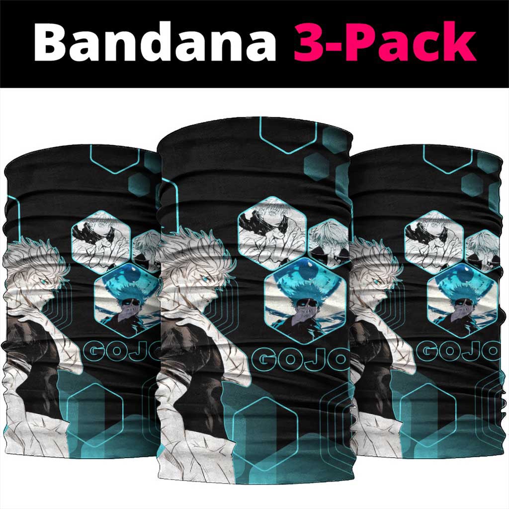 Gojo Satoru Jujutsu Kaisen Blue Hexagon Pattern Neck Gaiter with Intense Expressions and Modern Anime Art - The Mazicc