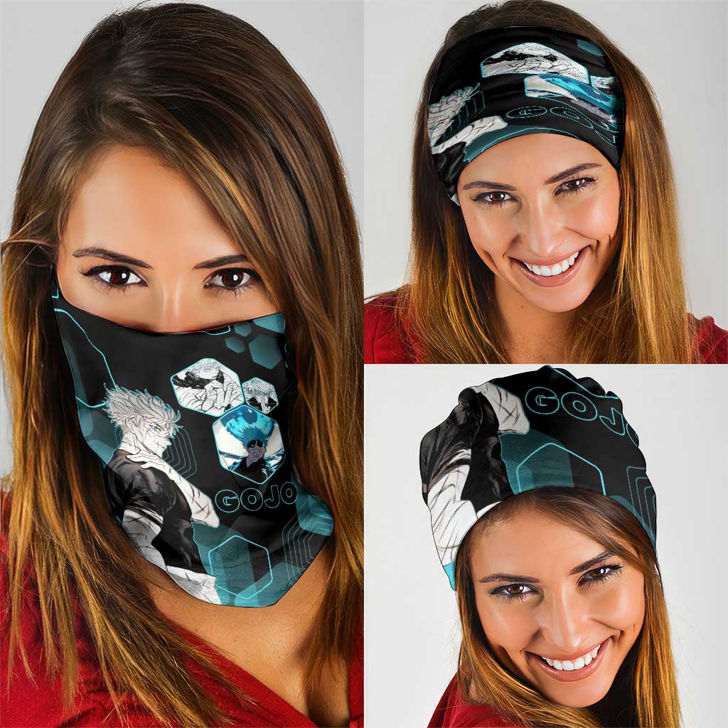 Gojo Satoru Jujutsu Kaisen Blue Hexagon Pattern Neck Gaiter with Intense Expressions and Modern Anime Art - The Mazicc