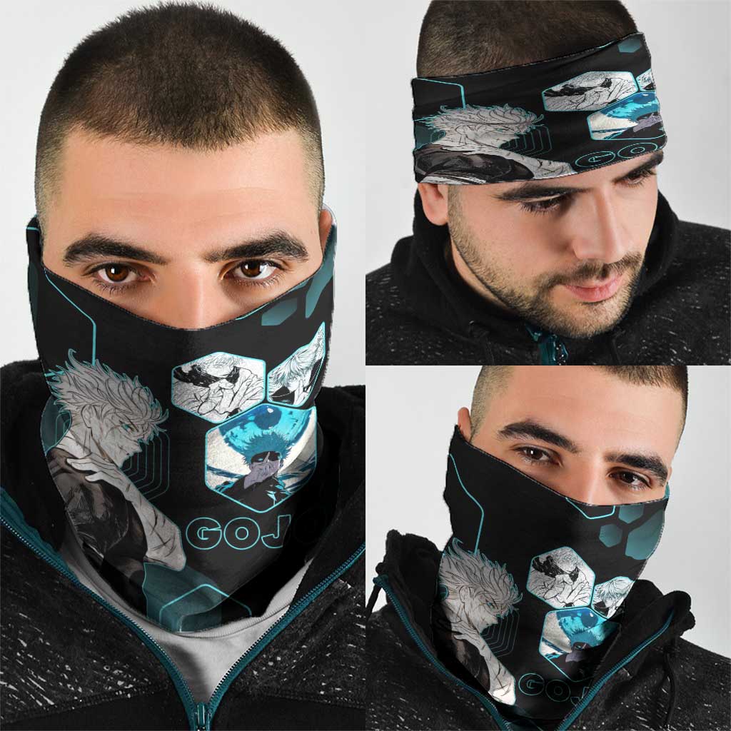 Gojo Satoru Jujutsu Kaisen Blue Hexagon Pattern Neck Gaiter with Intense Expressions and Modern Anime Art - The Mazicc