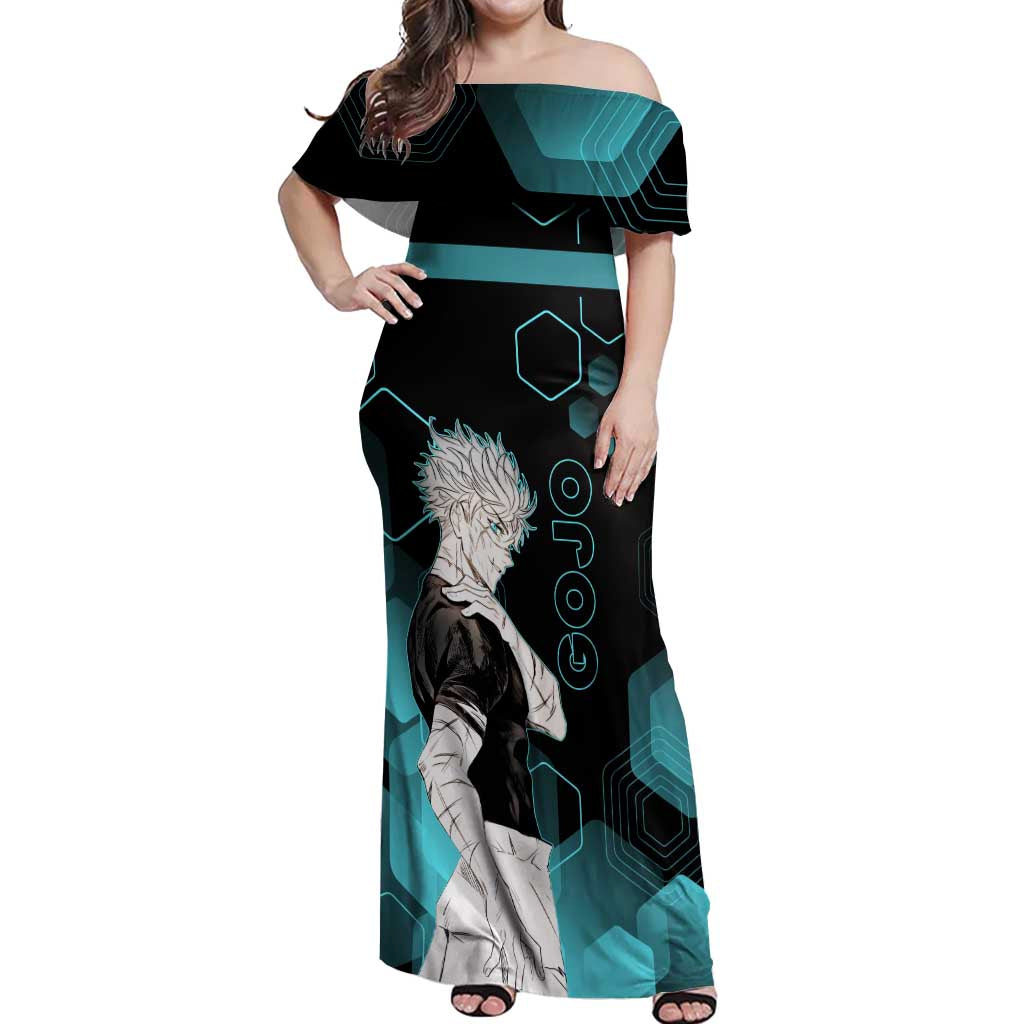 Gojo Satoru Jujutsu Kaisen Blue Hexagon Pattern Off Shoulder Maxi Dress with Intense Expressions and Modern Anime Art - The Mazicc
