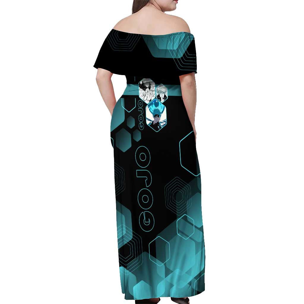 Gojo Satoru Jujutsu Kaisen Blue Hexagon Pattern Off Shoulder Maxi Dress with Intense Expressions and Modern Anime Art - The Mazicc