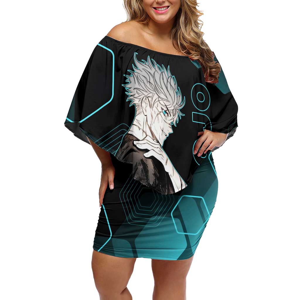 Gojo Satoru Jujutsu Kaisen Blue Hexagon Pattern Off Shoulder Short Dress with Intense Expressions and Modern Anime Art - The Mazicc