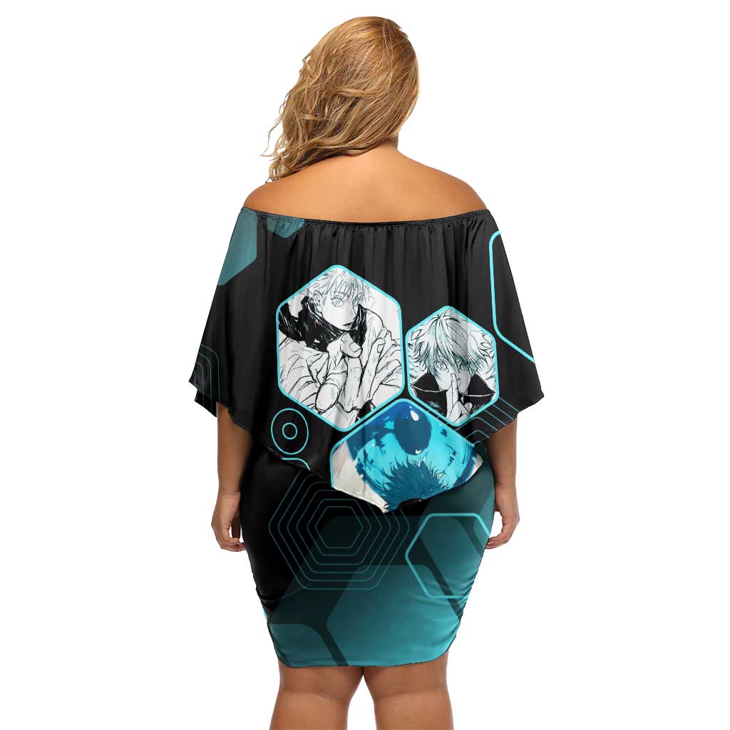 Gojo Satoru Jujutsu Kaisen Blue Hexagon Pattern Off Shoulder Short Dress with Intense Expressions and Modern Anime Art - The Mazicc