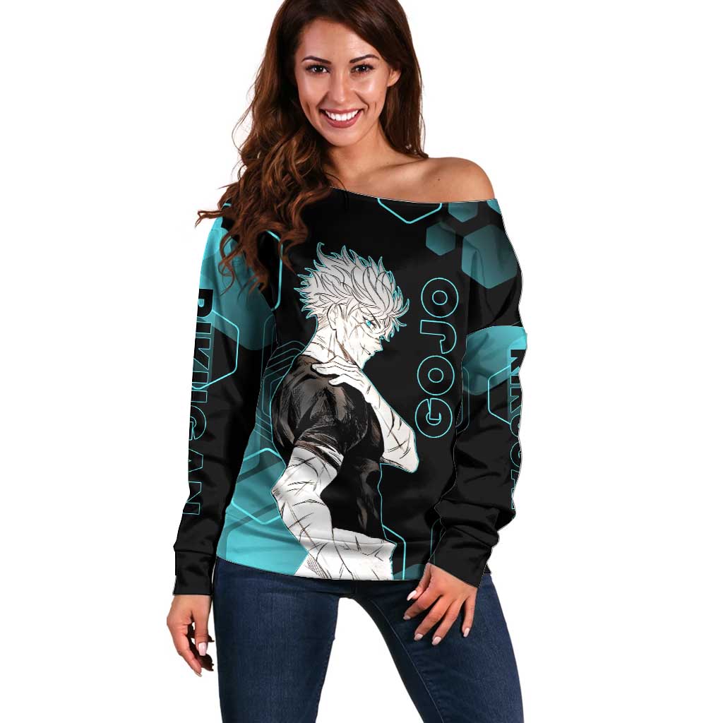 Gojo Satoru Jujutsu Kaisen Blue Hexagon Pattern Off Shoulder Sweater with Intense Expressions and Modern Anime Art - The Mazicc