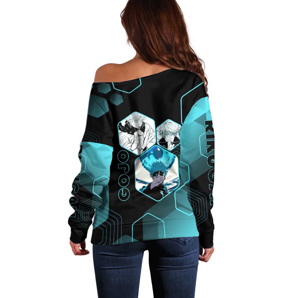 Gojo Satoru Jujutsu Kaisen Blue Hexagon Pattern Off Shoulder Sweater with Intense Expressions and Modern Anime Art - The Mazicc