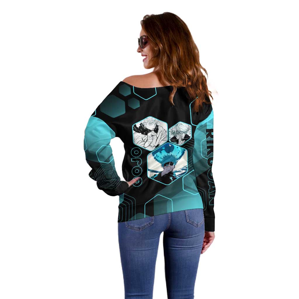 Gojo Satoru Jujutsu Kaisen Blue Hexagon Pattern Off Shoulder Sweater with Intense Expressions and Modern Anime Art - The Mazicc