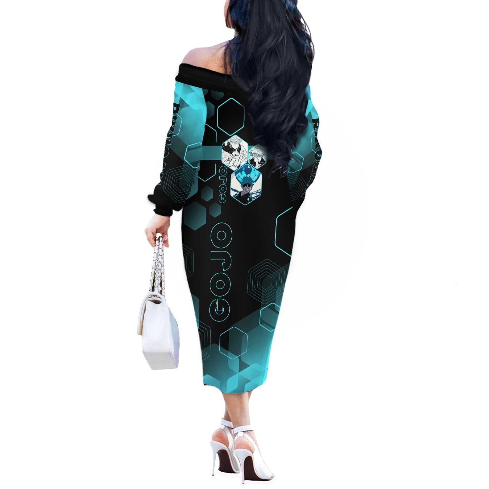 Gojo Satoru Jujutsu Kaisen Blue Hexagon Pattern Off The Shoulder Long Sleeve Dress with Intense Expressions and Modern Anime Art - The Mazicc
