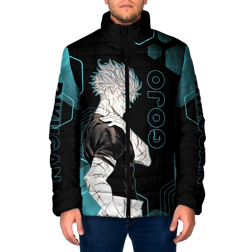 Gojo Satoru Jujutsu Kaisen Blue Hexagon Pattern Padded Jacket with Intense Expressions and Modern Anime Art - The Mazicc