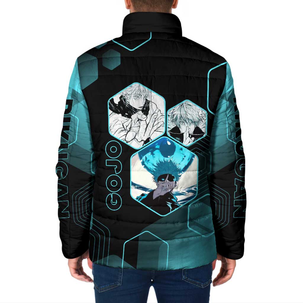 Gojo Satoru Jujutsu Kaisen Blue Hexagon Pattern Padded Jacket with Intense Expressions and Modern Anime Art - The Mazicc