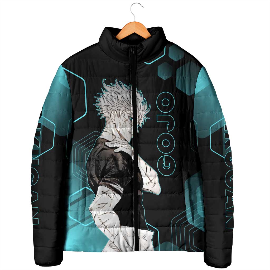 Gojo Satoru Jujutsu Kaisen Blue Hexagon Pattern Padded Jacket with Intense Expressions and Modern Anime Art - The Mazicc