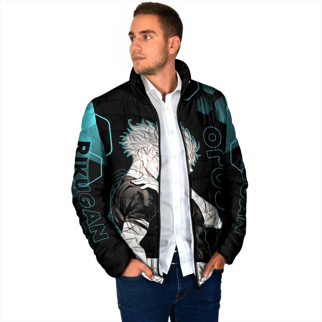 Gojo Satoru Jujutsu Kaisen Blue Hexagon Pattern Padded Jacket with Intense Expressions and Modern Anime Art - The Mazicc
