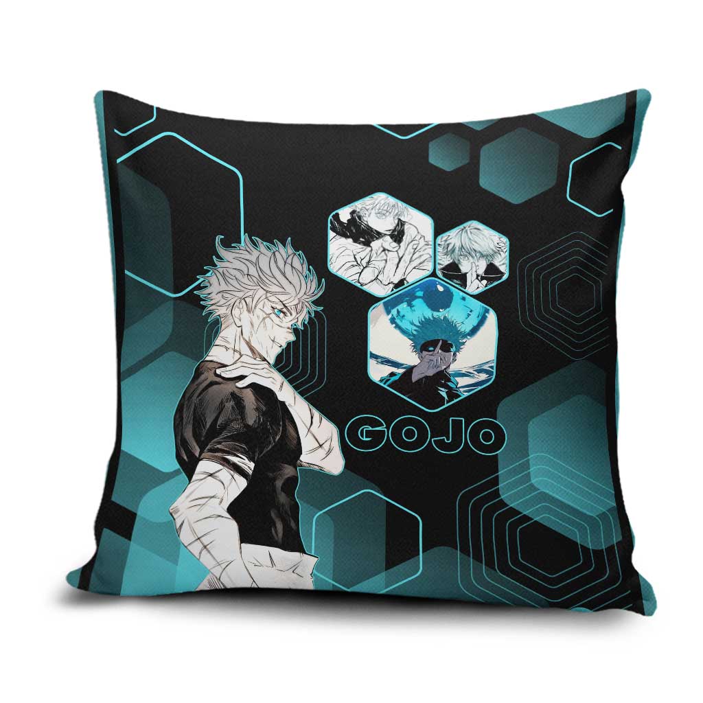 Gojo Satoru Jujutsu Kaisen Blue Hexagon Pattern Pillow Cover with Intense Expressions and Modern Anime Art - The Mazicc