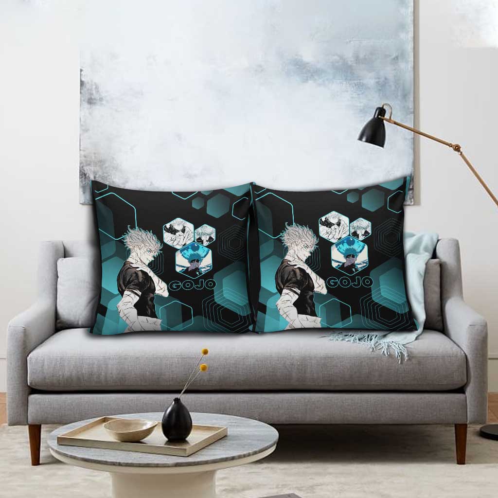 Gojo Satoru Jujutsu Kaisen Blue Hexagon Pattern Pillow Cover with Intense Expressions and Modern Anime Art - The Mazicc