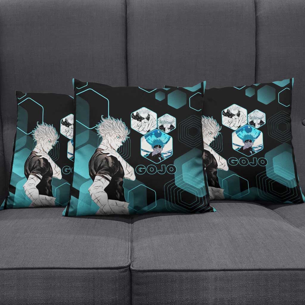 Gojo Satoru Jujutsu Kaisen Blue Hexagon Pattern Pillow Cover with Intense Expressions and Modern Anime Art - The Mazicc